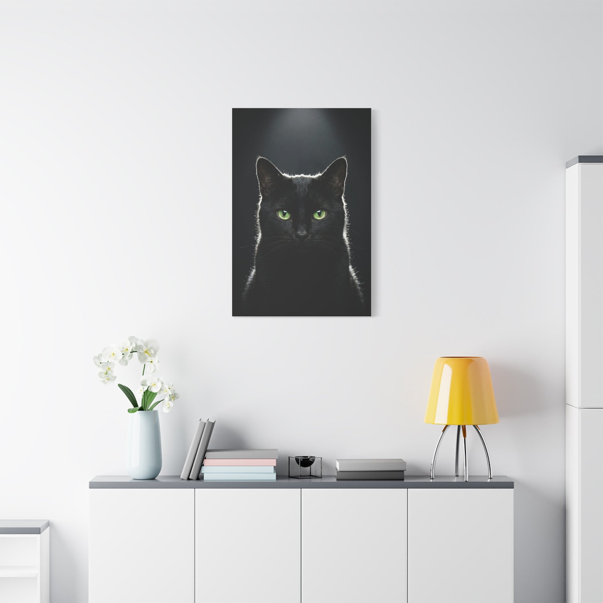Black Cat Portrait Canvas — Green-Eyed Feline Wall Art, Matte Stretched Canvas