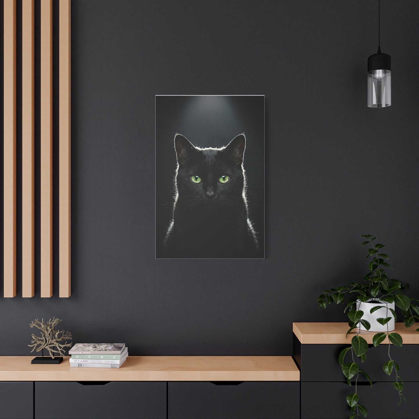Black Cat Portrait Canvas — Green-Eyed Feline Wall Art, Matte Stretched Canvas