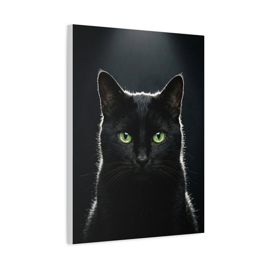 Black Cat Portrait Canvas — Green-Eyed Feline Wall Art, Matte Stretched Canvas