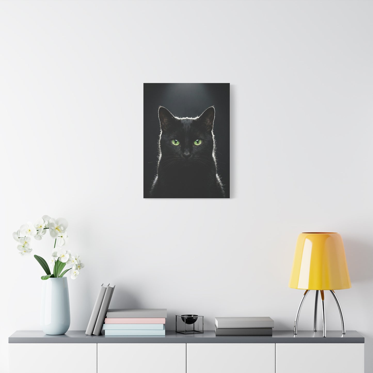 Black Cat Portrait Canvas — Green-Eyed Feline Wall Art, Matte Stretched Canvas