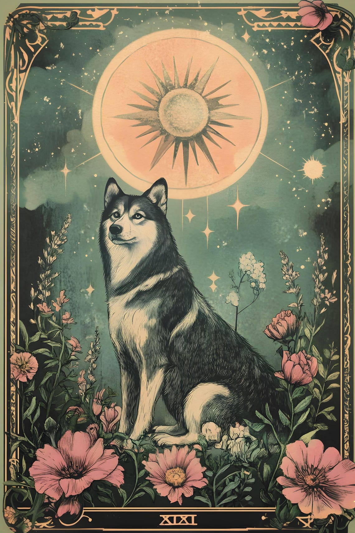 Husky Dog Tarot Card Inspired Canvas Wall Art Print | Earthy Celestial Mystical Witchy Whimsigoth Decor | Pet Dog Cute Siberian Husky Gift
