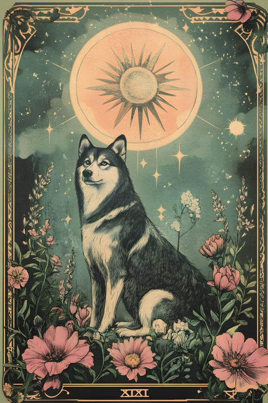 Husky Dog Tarot Card Inspired Canvas Wall Art Print | Earthy Celestial Mystical Witchy Whimsigoth Decor | Pet Dog Cute Siberian Husky Gift