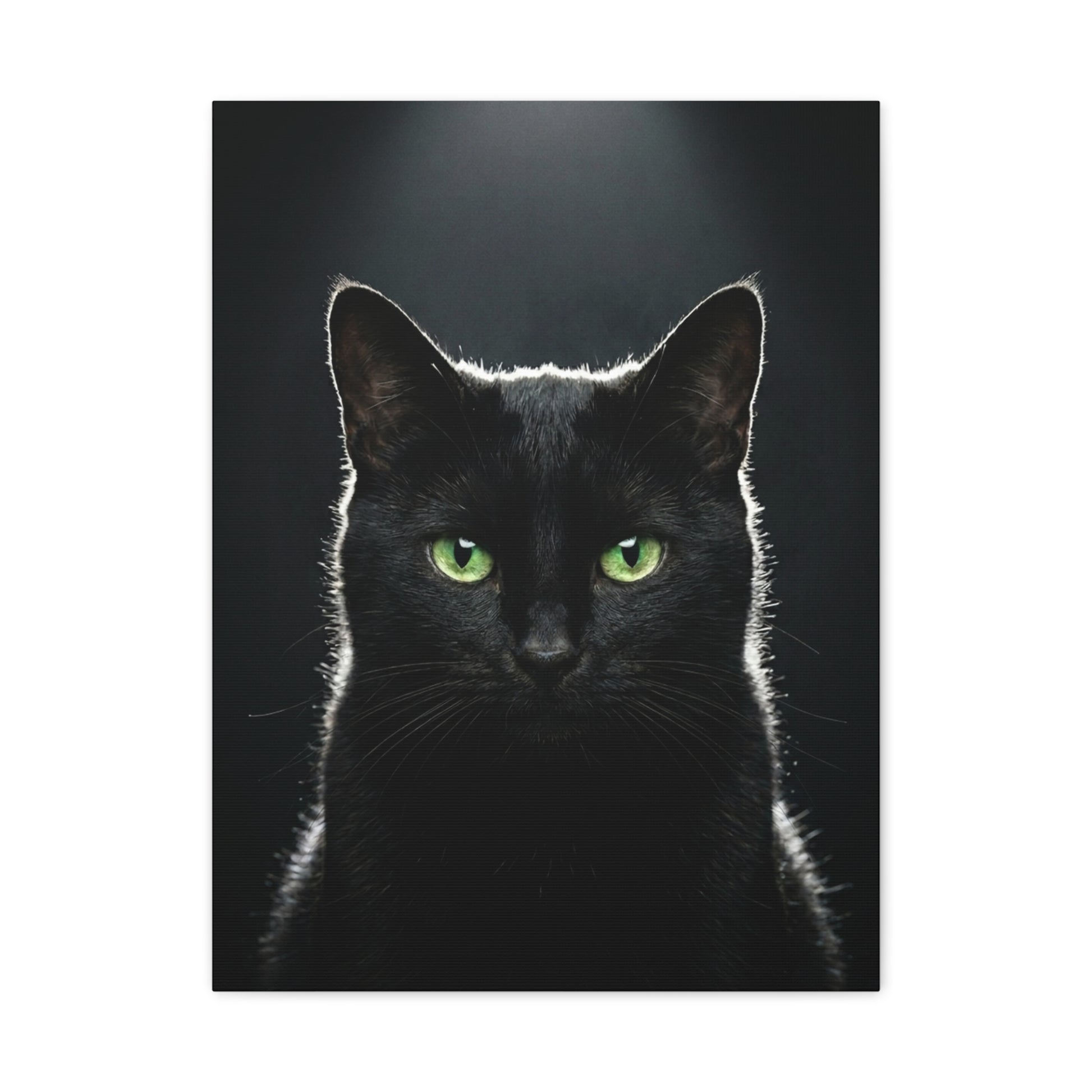 Black Cat Portrait Canvas — Green-Eyed Feline Wall Art, Matte Stretched Canvas