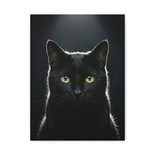 Black Cat Portrait Canvas — Green-Eyed Feline Wall Art, Matte Stretched Canvas