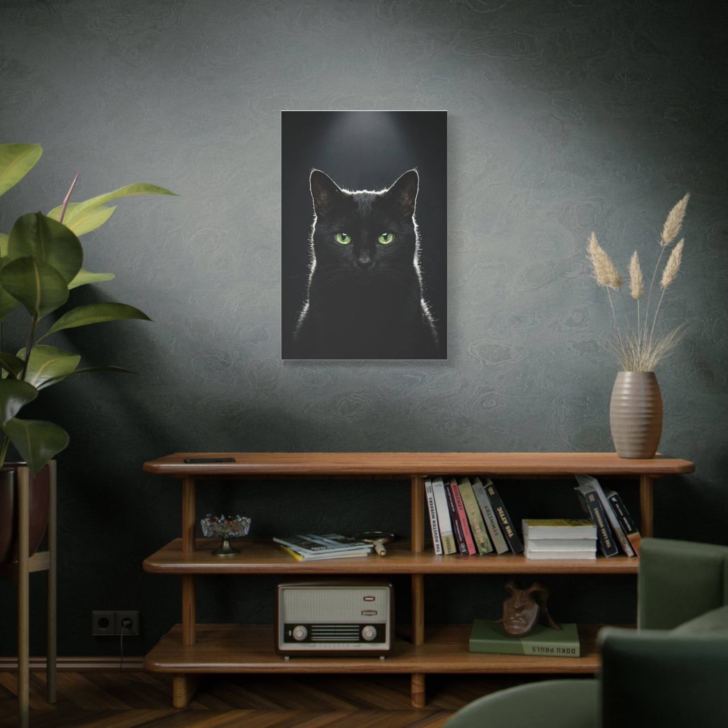 Black Cat Portrait Canvas — Green-Eyed Feline Wall Art, Matte Stretched Canvas