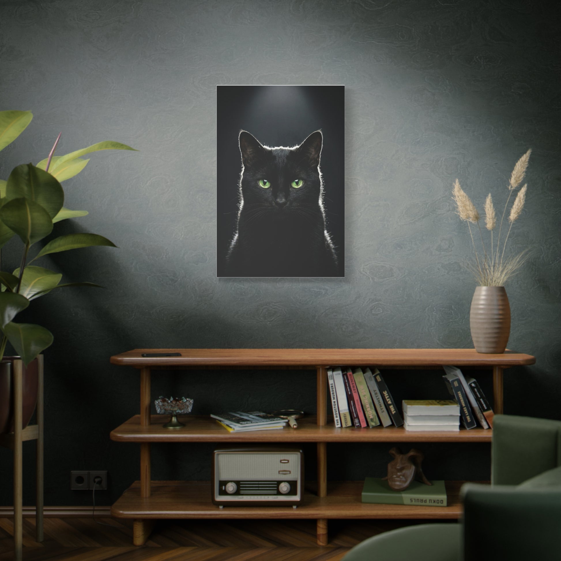 Black Cat Portrait Canvas — Green-Eyed Feline Wall Art, Matte Stretched Canvas