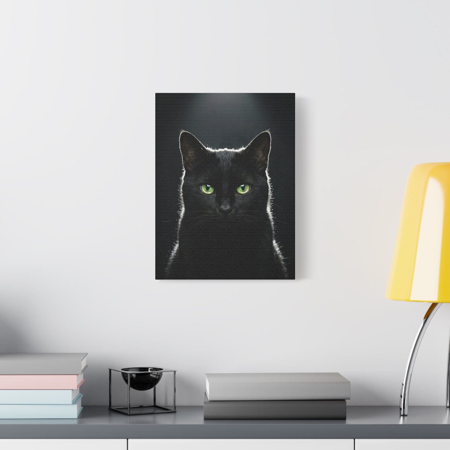 Black Cat Portrait Canvas — Green-Eyed Feline Wall Art, Matte Stretched Canvas
